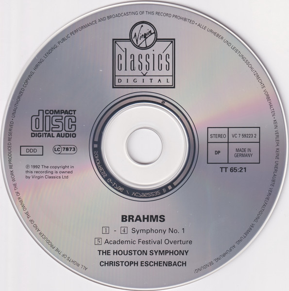 Brahms*, The Houston Symphony*, Christoph Eschenbach - Symphony No. 1 / Academic Festival Overture (CD) (Near Mint (NM or M-)) - Image 3