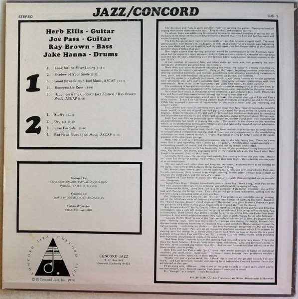 Joe Pass, Ray Brown, Jake Hanna, Herb Ellis - Jazz/Concord (LP, Album) (Very Good Plus (VG+)) - Image 2