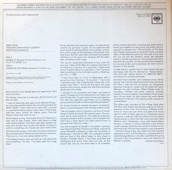 The New John Handy Quintet With Bobby Hutcherson - New View! (LP, Album) (Very Good Plus (VG+)) - Image 2