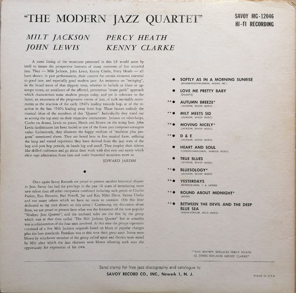 The Modern Jazz Quartet - Modern Jazz Quartet (LP, Album, Mono) (Very Good Plus (VG+)) - Image 2