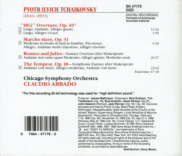 Pyotr Ilyich Tchaikovsky - Chicago Symphony Orchestra, Claudio Abbado - 1812 Overture / Marche Slave / Romeo And Juliet / The Tempest (CD, Album) (Near Mint (NM or M-)) - Image 2