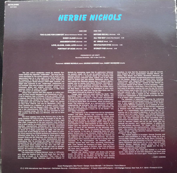 Herbie Nichols - The Bethlehem Years (LP, Album, RE) (Near Mint (NM or M-)) - Image 2