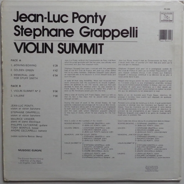 Jean-Luc Ponty, Stephane Grappelli* - Violin Summit (LP, Album, RE) (Near Mint (NM or M-)) - Image 3