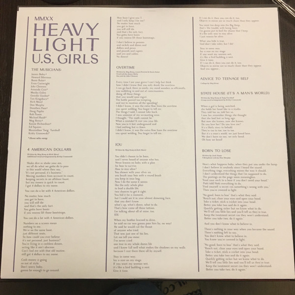 U.S. Girls - Heavy Light (LP, Album, Whi) (Near Mint (NM or M-)) - Image 3