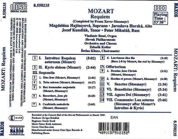 Mozart* - Slovak Philharmonic Orchestra And Chorus*, Zdeněk Košler - Requiem (CD, Album, RE) (Near Mint (NM or M-)) - Image 2