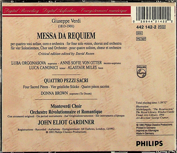 Verdi* - Orgonasova* · Von Otter* · Canonici* · Miles* · Monteverdi Choir* · Orchestre Révolutionnaire Et Romantique · John Eliot Gardiner - Requiem / Quattro Pezzi Sacri (2xCD, Album) (Near Mint (NM or M-)) - Image 2