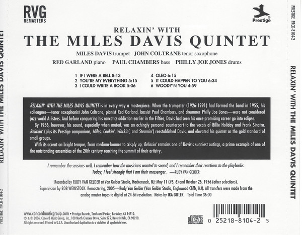 The Miles Davis Quintet - Relaxin' With The Miles Davis Quintet (CD, Album, RE, RM, MCO) (Mint (M)) - Image 2