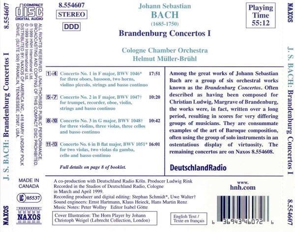 Johann Sebastian Bach - Cologne Chamber Orchestra*, Helmut Müller-Brühl - Brandenburg Concertos I (CD) (Near Mint (NM or M-)) - Image 2