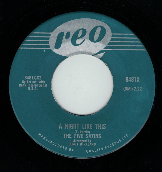 The Five Satins - I'll Be Seeing You / A Night Like This (7", Single) (Very Good Plus (VG+)) - Image 2