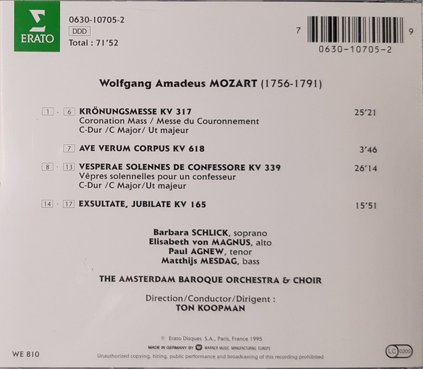 Mozart*, The Amsterdam Baroque Orchestra And Choir, Ton Koopman, Barbara Schlick, Elisabeth Von Magnus, Paul Agnew (2), Matthijs Mesdag - Krönungsmesse (CD) (Near Mint (NM or M-)) - Image 2