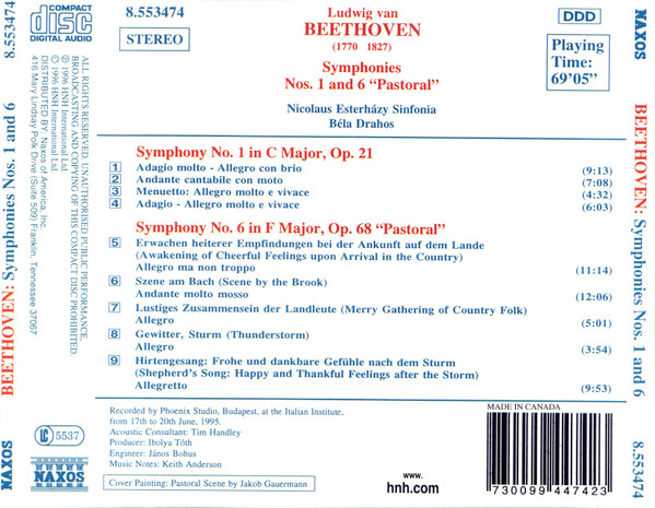Beethoven* / Nicolaus Esterházy Sinfonia / Béla Drahos* - Symphonies Nos. 1 And 6 "Pastoral" (CD, Album) (Near Mint (NM or M-)) - Image 2