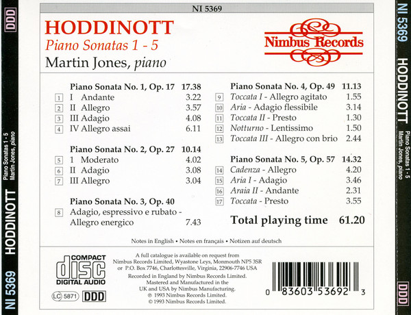 Alun Hoddinott, Martin Jones (3) - Hoddinott Piano Sonatas 1 - 5 (CD) (Near Mint (NM or M-)) - Image 2