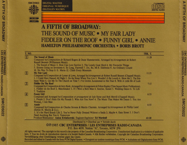 Hamilton Philharmonic Orchestra · Boris Brott - A Fifth Of Broadway: The Sound Of Music · My Fair Lady · Fiddler On The Roof · Funny Girl · Annie (CD, Album) (Near Mint (NM or M-)) - Image 2