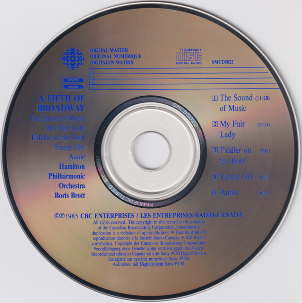 Hamilton Philharmonic Orchestra · Boris Brott - A Fifth Of Broadway: The Sound Of Music · My Fair Lady · Fiddler On The Roof · Funny Girl · Annie (CD, Album) (Near Mint (NM or M-)) - Image 3