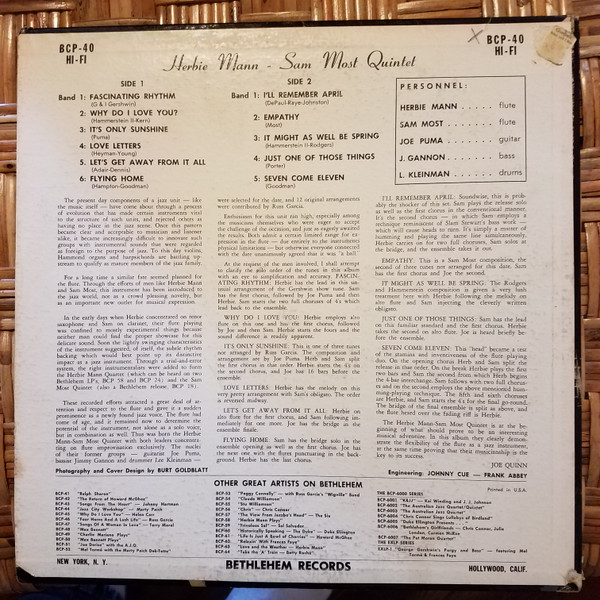 The Herbie Mann-Sam Most Quintet - The Herbie Mann-Sam Most Quintet (LP, Album) (Very Good Plus (VG+)) - Image 2