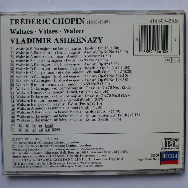 Frédéric Chopin, Vladimir Ashkenazy - Waltzes (CD, Comp, PDO) (Near Mint (NM or M-)) - Image 2