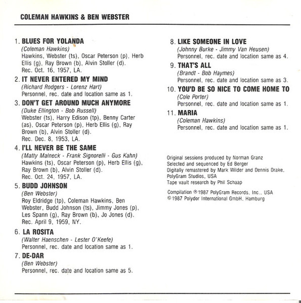 Coleman Hawkins / Ben Webster - Coleman Hawkins / Ben Webster (CD, Comp) (Near Mint (NM or M-)) - Image 3