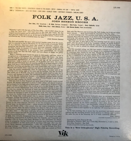 John Benson Brooks - Folk Jazz U.S.A. (LP, Album, Mono) (Good Plus (G+)) - Image 2