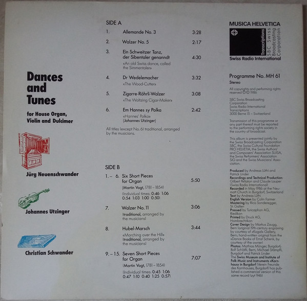 Jürg Neuenschwander, Johannes Utzinger, Christian Schwander - Dances And Tunes (LP, Transcription, Gat) (Near Mint (NM or M-)) - Image 2