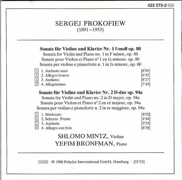 Sergei Prokofiev – Shlomo Mintz · Yefim Bronfman - Violin Sonatas = Violinsonaten (CD) (Near Mint (NM or M-)) - Image 2