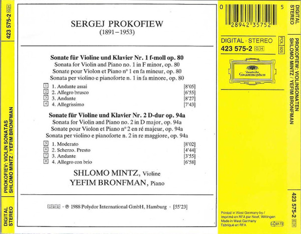 Sergei Prokofiev – Shlomo Mintz · Yefim Bronfman - Violin Sonatas = Violinsonaten (CD) (Near Mint (NM or M-)) - Image 3