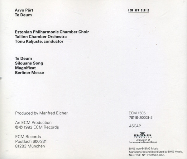 Arvo Pärt, Estonian Philharmonic Chamber Choir, Tallinn Chamber Orchestra, Tõnu Kaljuste - Te Deum (CD, Album) (Near Mint (NM or M-)) - Image 2