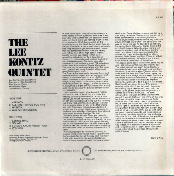 Lee Konitz Quintet - Affinity (LP, Album) (Near Mint (NM or M-)) - Image 2