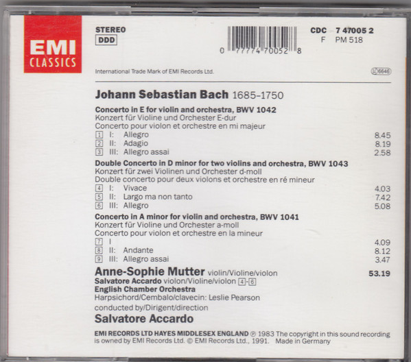 Johann Sebastian Bach - Anne-Sophie Mutter, Salvatore Accardo, English Chamber Orchestra - Concerto For Two Violins In D Minor / Violin Concertos In A Minor & E Major (CD, Album, RE) (Near Mint (NM or M-)) - Image 2