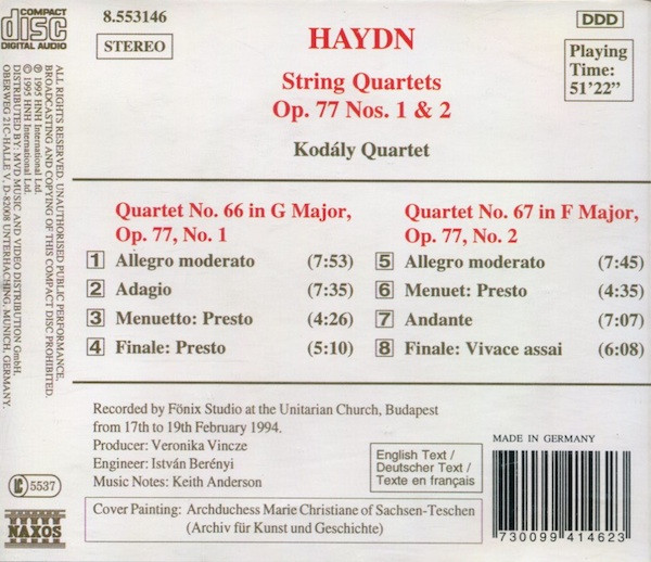 Haydn* - Kodály Quartet - String Quartets Op. 77 Nos. 1 & 2 (CD, Album) (Near Mint (NM or M-)) - Image 2