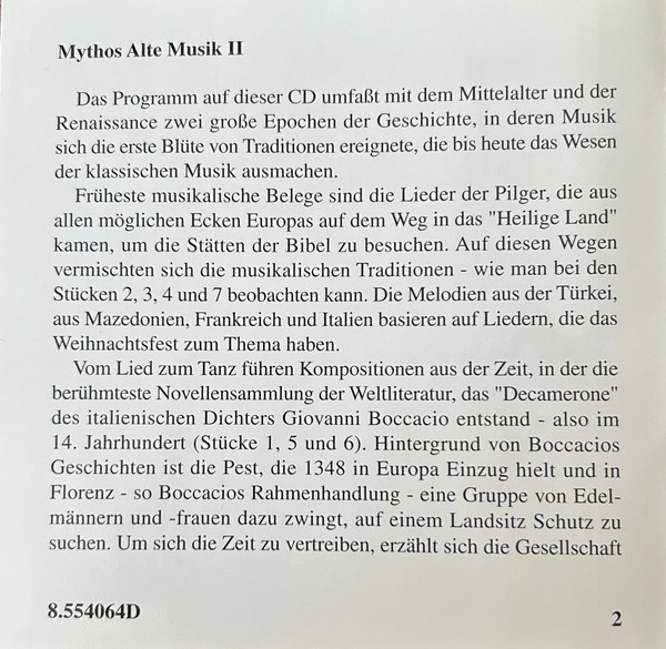 Dufay*, Obrecht*, Isaac*, Senfl*, Byrd*, Gibbons*, Tomkins*, Jenkins* - Mythos Alte Musik II (CD, Album, Comp) (Near Mint (NM or M-)) - Image 2