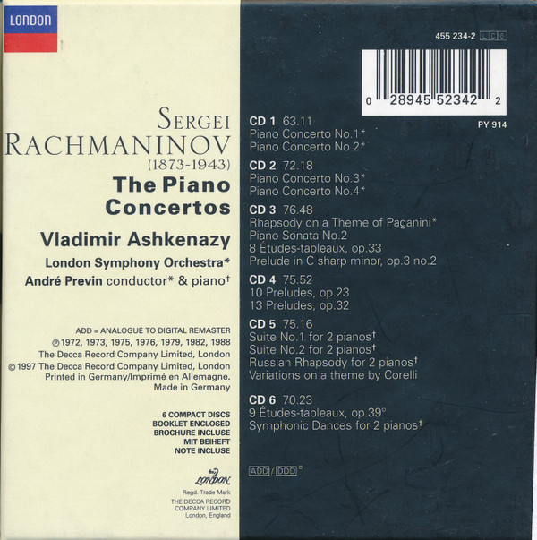 Sergei Vasilyevich Rachmaninoff - Vladimir Ashkenazy, André Previn - The Piano Concertos (6xCD, Comp + Box, RE) (Near Mint (NM or M-)) - Image 2