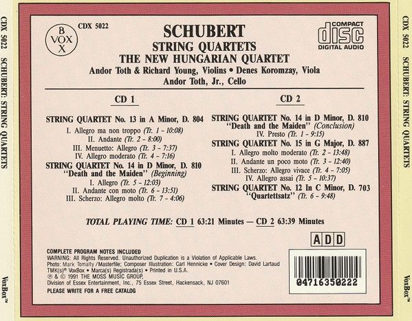 Schubert* – New Hungarian Quartet - String Quartets – "Death And The Maiden", D.810 • "Quartettsatz", D.703 • No.13, D.804 • No.15, D.887 (2xCD, Album, RE, RM) (Near Mint (NM or M-)) - Image 2