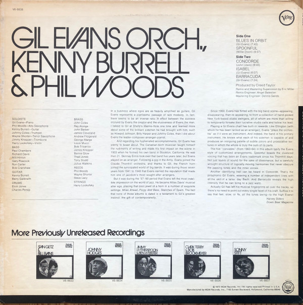 Gil Evans And His Orchestra, Kenny Burrell & Phil Woods - Previously Unreleased Recordings (LP, Album) (Very Good Plus (VG+)) - Image 2