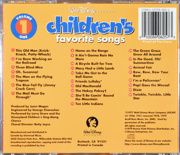 Larry Groce And The Disneyland Children's Sing-Along Chorus - Children's Favourite Songs Volume One (CD, Album, RE) (Near Mint (NM or M-)) - Image 2