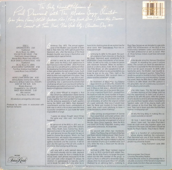 Paul Desmond With The Modern Jazz Quartet - The Only Recorded Performance Of Paul Desmond With The Modern Jazz Quartet (LP, Album) (Very Good Plus (VG+)) - Image 2