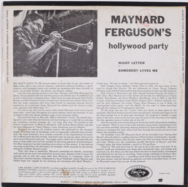 Maynard Ferguson - Hollywood Party (LP, Mono, RE) (Very Good Plus (VG+)) - Image 2