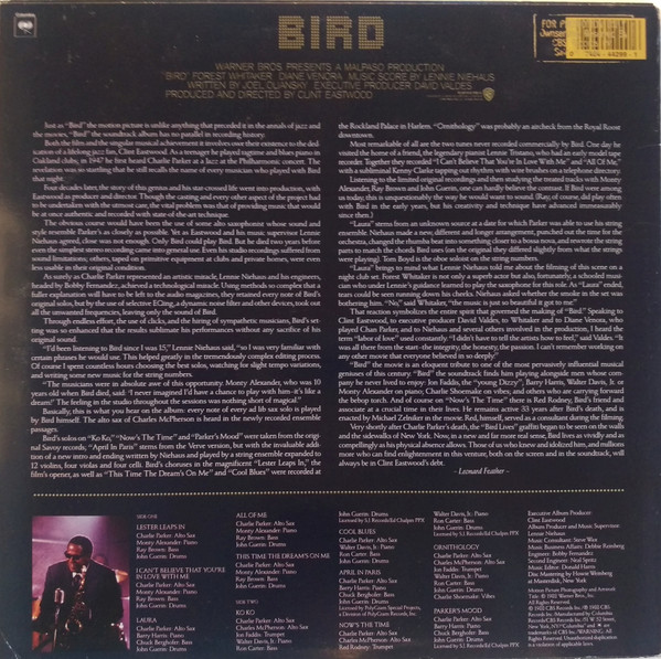 Bird (28) - Bird (Original Motion Picture Soundtrack) (LP, Album) (Very Good Plus (VG+)) - Image 2