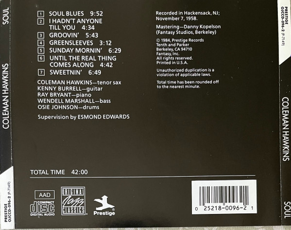 Coleman Hawkins - Soul (CD, Album, RE, RM) (Near Mint (NM or M-)) - Image 2