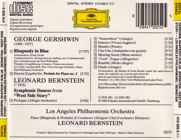Gershwin* • Bernstein* - Los Angeles Philharmonic Orchestra, Leonard Bernstein - Rhapsody In Blue · West Side Story: Symphonic Dances (CD, Album) (Near Mint (NM or M-)) - Image 2
