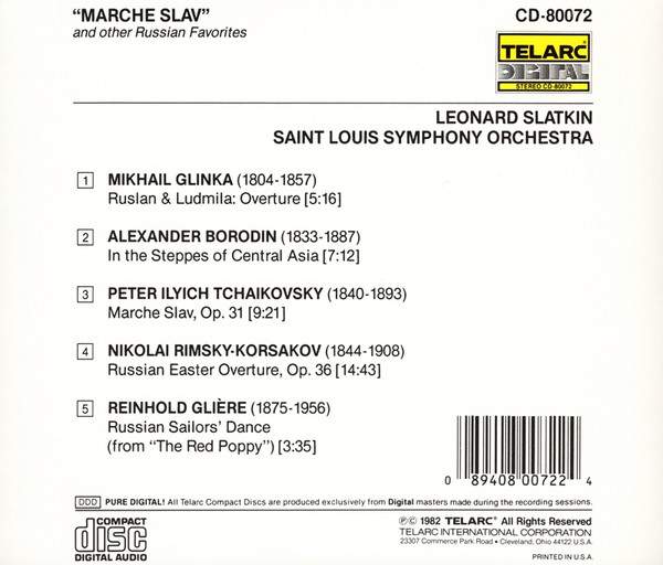 Pyotr Ilyich Tchaikovsky, Nikolai Rimsky-Korsakov, Mikhail Ivanovich Glinka, Alexander Borodin, Reinhold Glière, Leonard Slatkin, Saint Louis Symphony Orchestra - Marche Slave And Other Russian Favorites (CD, RE) (Near Mint (NM or M-)) - Image 2