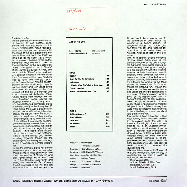 Albert Mangelsdorff / Lee Konitz - Art Of The Duo (LP, Album) (Near Mint (NM or M-)) - Image 2