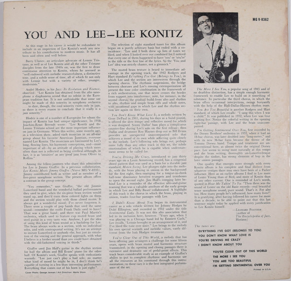 Lee Konitz / Arrangements By Jimmy Giuffre - You And Lee (LP, Album, RE) (Very Good Plus (VG+)) - Image 2