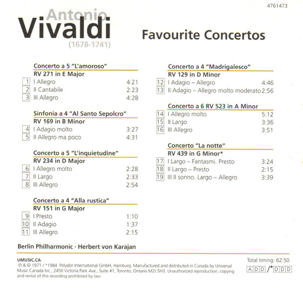 Antonio Vivaldi, Berliner Philharmoniker, Herbert von Karajan - Favourite Concertos (CD, Album, RE) (Near Mint (NM or M-)) - Image 2
