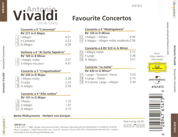 Antonio Vivaldi, Berliner Philharmoniker, Herbert von Karajan - Favourite Concertos (CD, Album, RE) (Near Mint (NM or M-)) - Image 3