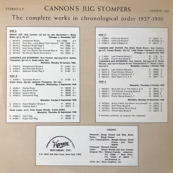 Cannon's Jug Stompers - The Complete Works In Chronological Order 1927-1930 (2xLP, Album, Comp) (Very Good (VG)) - Image 2