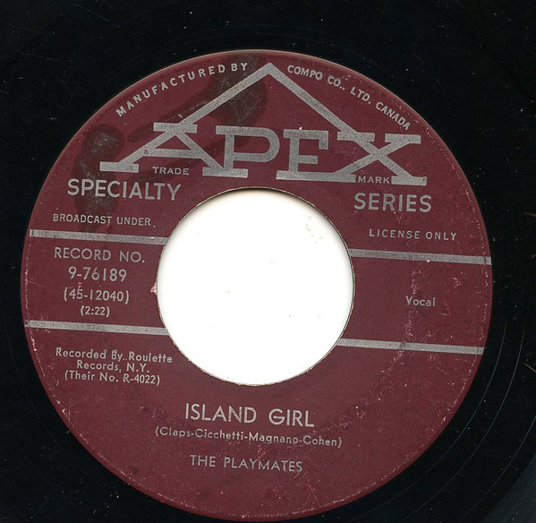 The Playmates - Darling It's Wonderful / Island Girl (7", Single) (Very Good Plus (VG+)) - Image 2
