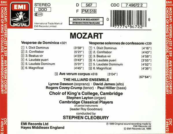 Mozart* – The Hilliard Ensemble, King's College Choir Cambridge*, Cambridge Classical Players, Stephen Cleobury - Vespers (CD, Album) (Near Mint (NM or M-)) - Image 2