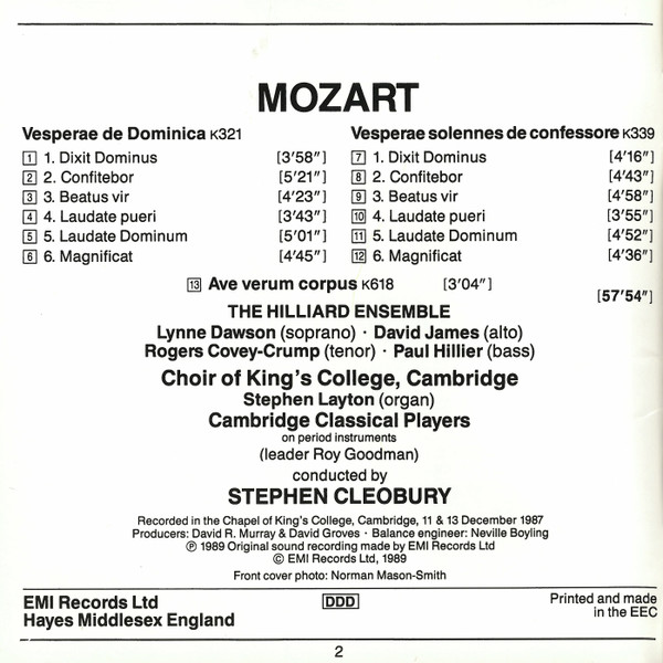 Mozart* – The Hilliard Ensemble, King's College Choir Cambridge*, Cambridge Classical Players, Stephen Cleobury - Vespers (CD, Album) (Near Mint (NM or M-)) - Image 5