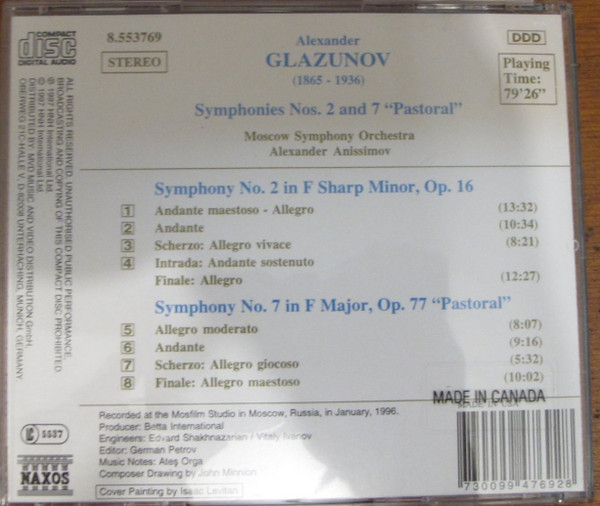 Glazunov*, The Moscow Symphony Orchestra, Alexander Anissimov - Symphonies Nos. 2 And 7 "Pastoral" (CD, Album) (Near Mint (NM or M-)) - Image 2