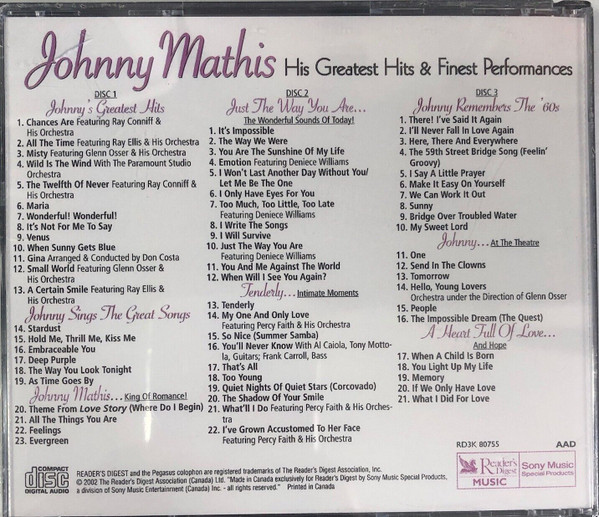 Johnny Mathis - His Greatest Hits And Finest Performances (3xCD, Comp) (Mint (M)) - Image 2